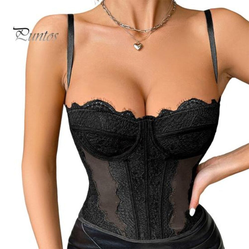 (M, black) Women Corset Lace Splicing Low-Cut Style Slim Fit Design Elastic Fabric Corset Suspender Style Corset Tops