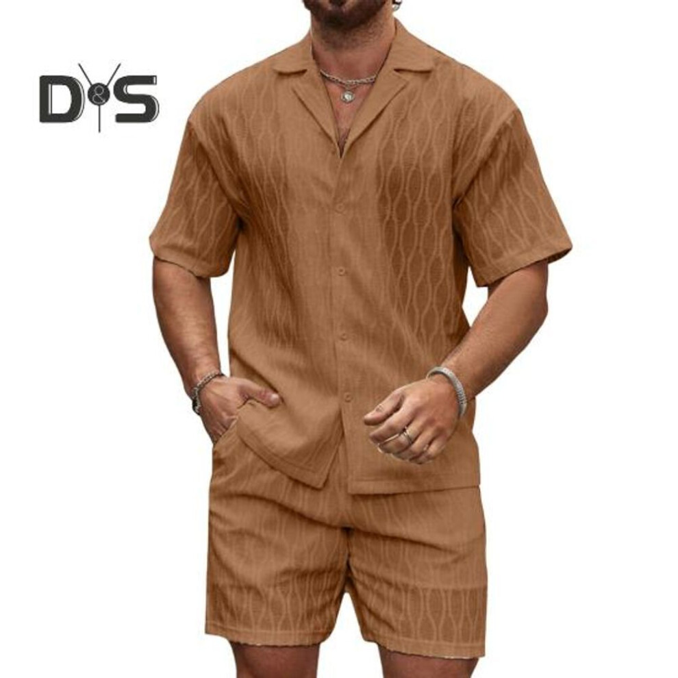 (dark brown, L) 2Pcs/Set Men Summer Outfit Lapel Short Sleeve Buttons Placket Shirt Elastic Waist Shorts Set Solid Color Tracksuit