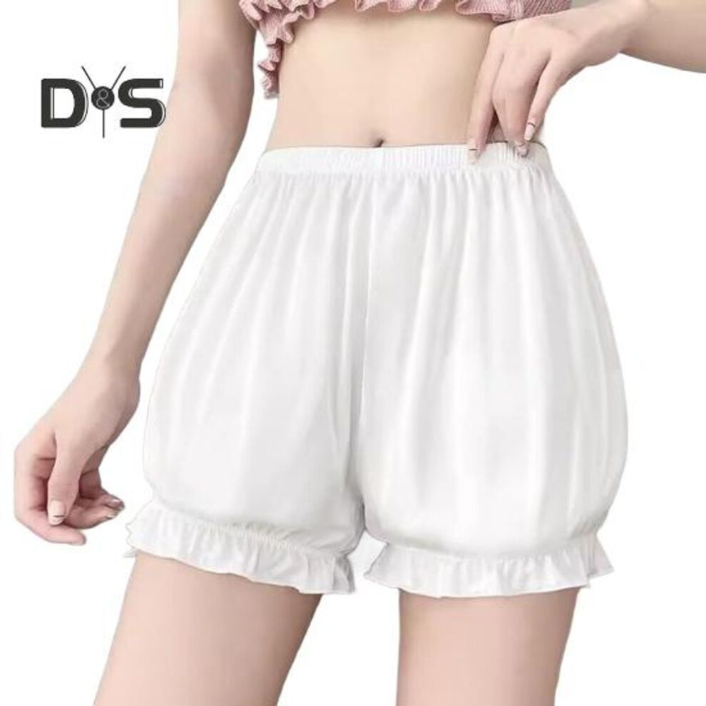(white) Women's Lolita Bloomers Ice Silk Ruffle Pumpkin Shorts Elastic Waist Security Short Pants Mini Boxers Safety Pants