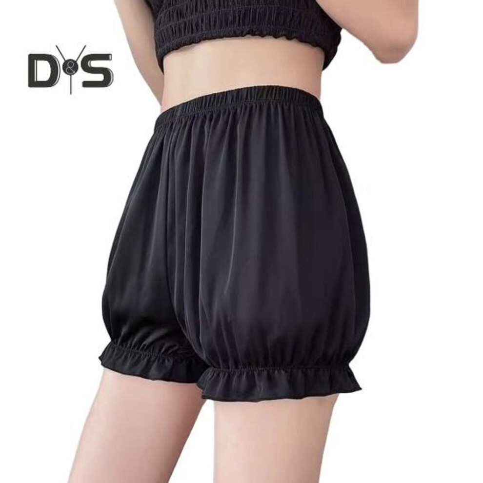 (black) Women's Lolita Bloomers Ice Silk Ruffle Pumpkin Shorts Elastic Waist Security Short Pants Mini Boxers Safety Pants