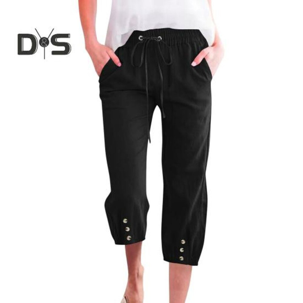 (black, L) Women Cropped Pants Elastic Waist Adjustable Drawstring Casual Trousers With Pockets Sporty Loose Leg Design Mid-calf Pants