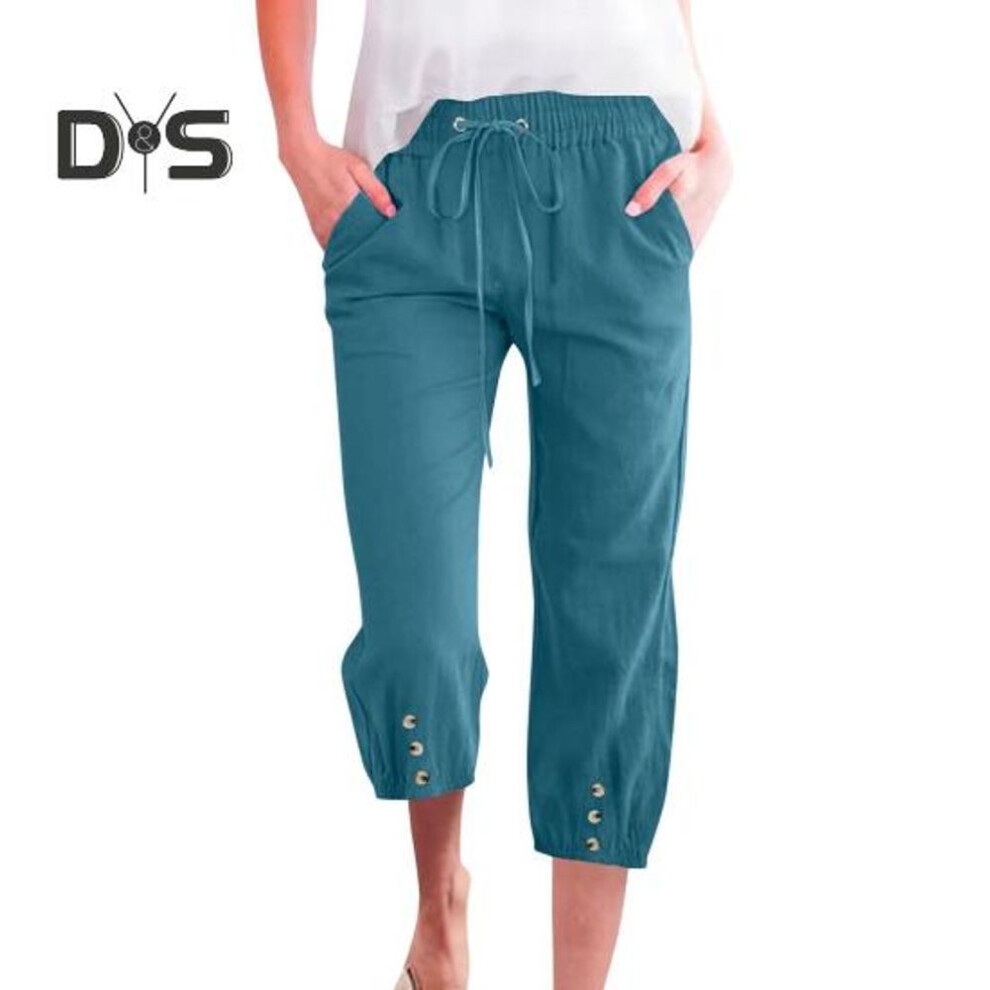 (lake blue, M) Women Cropped Pants Elastic Waist Adjustable Drawstring Casual Trousers with Pockets Sporty Loose Leg Design Mid-calf Pants
