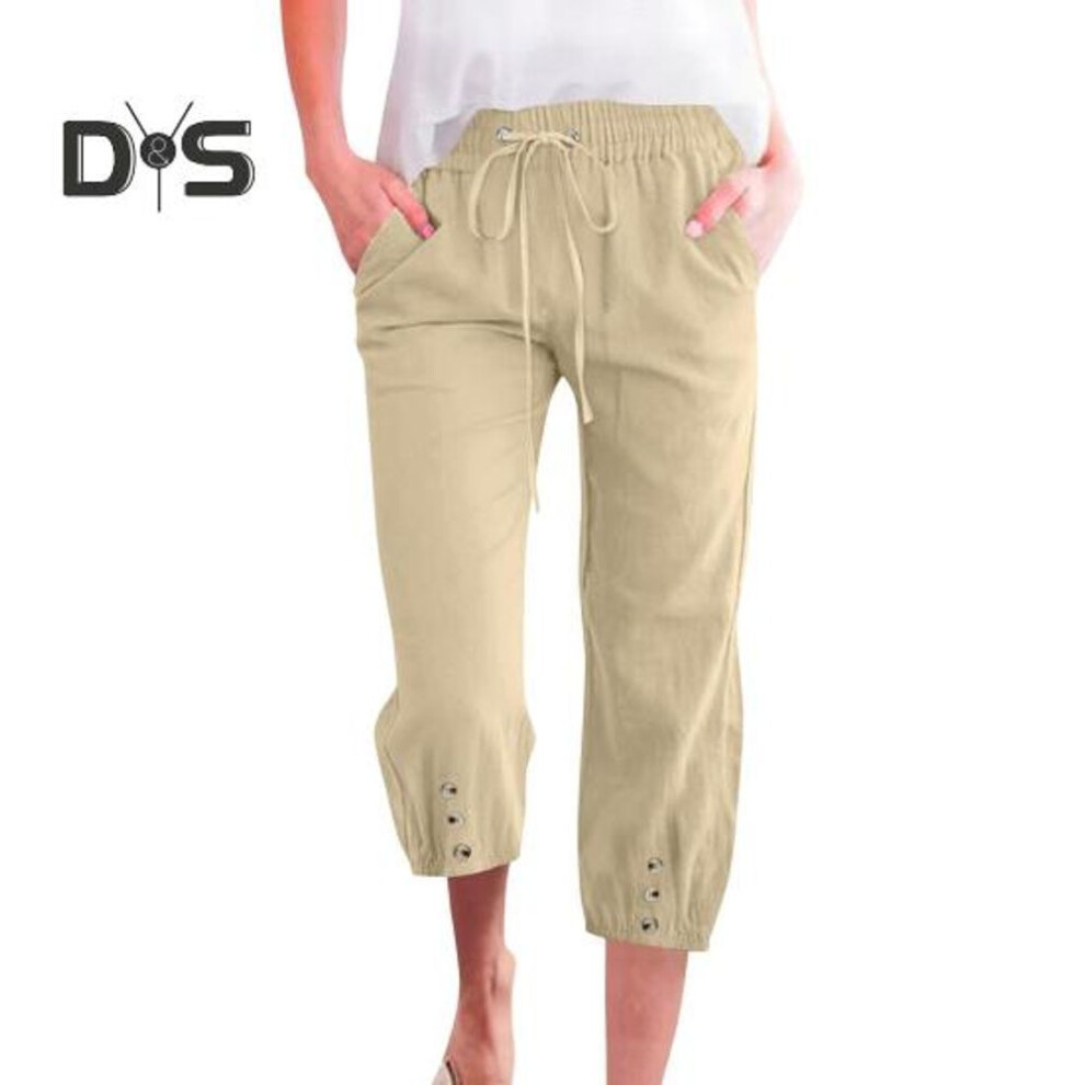 (khaki, XL) Women Cropped Pants Elastic Waist Adjustable Drawstring Casual Trousers with Pockets Sporty Loose Leg Design Mid-calf Pants