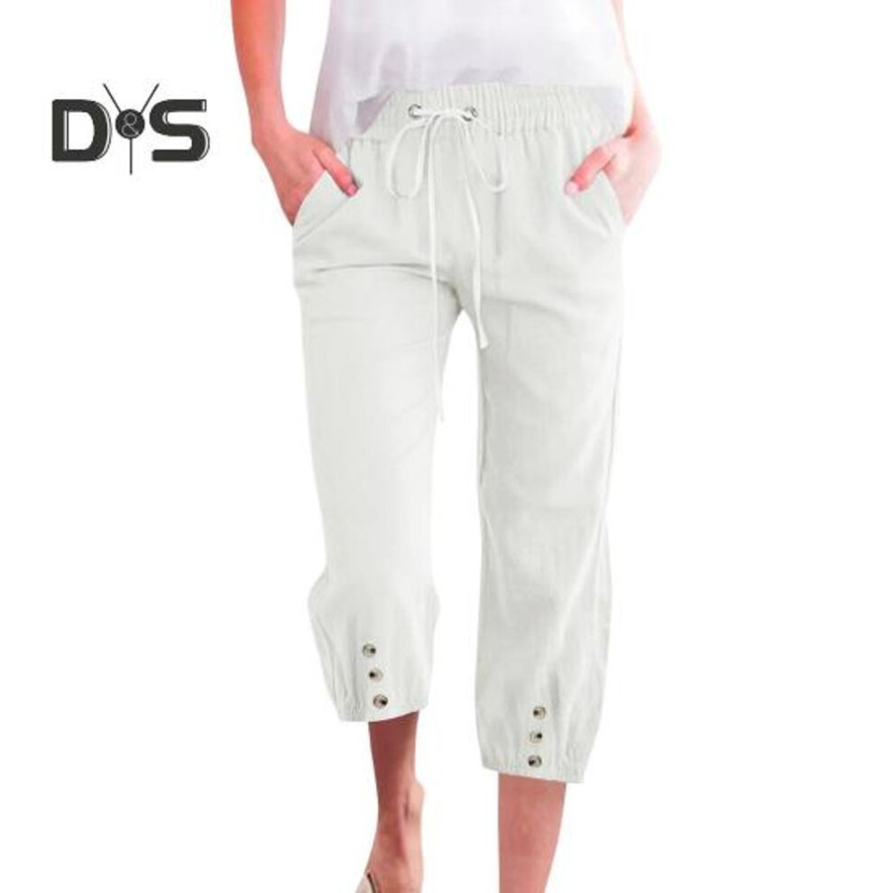 (white, M) Women Cropped Pants Elastic Waist Adjustable Drawstring Casual Trousers with Pockets Sporty Loose Leg Design Mid-calf Pants