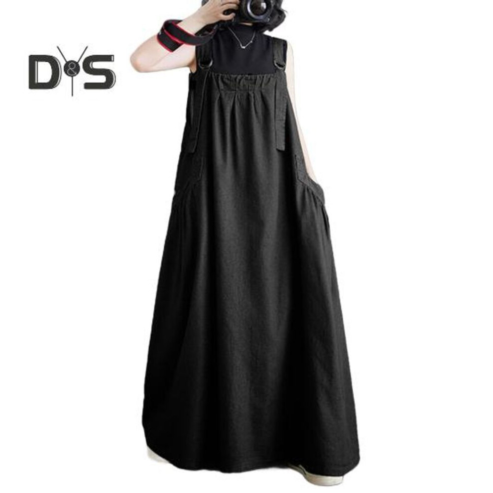 (black, M) Women's Denim Overall Dress Loose Sleeveless Boho Jean Jumper Dress with Pockets Wide Hem Pinafore Dress with Adjustable Strap