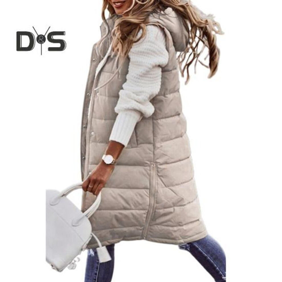 (beige, 4XL) Women Winter Vest Coat Padded Solid Color Sleeveless Hooded Drawstring Single-breasted Mid Length Slim Fit Zipper Hem Pockets Lady Long Winter