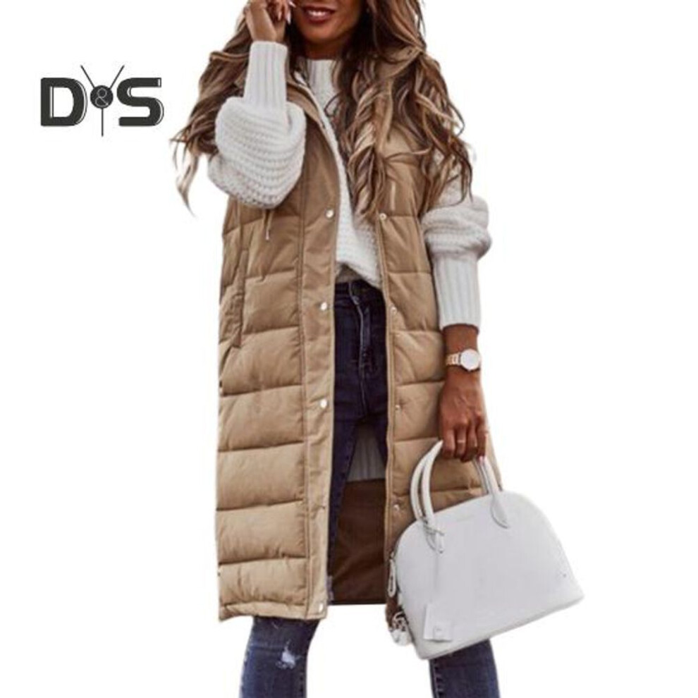 (khaki, L) Women Winter Vest Coat Padded Solid Color Sleeveless Hooded Drawstring Single-breasted Mid Length Slim Fit Zipper Hem Pockets Lady Long Winter