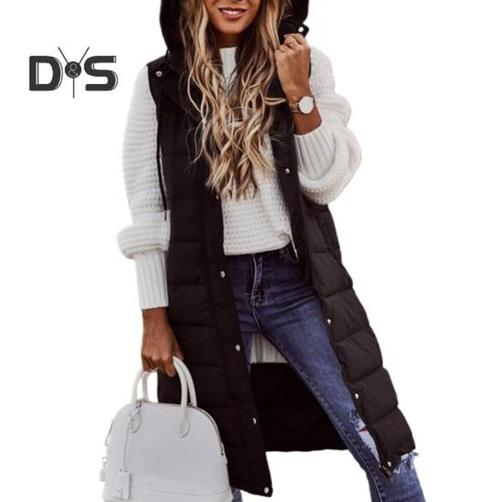 (black, L) Women Winter Vest Coat Padded Solid Color Sleeveless Hooded Drawstring Single-breasted Mid Length Slim Fit Zipper Hem Pockets Lady Long Winter