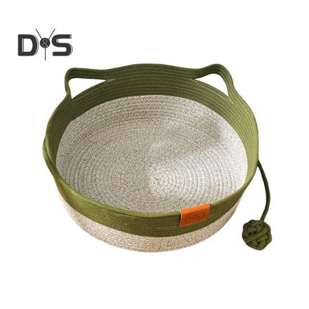 (green, M) Woven Rope Cat Basket Hand Woven Cat Bed Interactive Cat Scratching Mat With Play Ball For Indoor Cat Rabbit Puppies