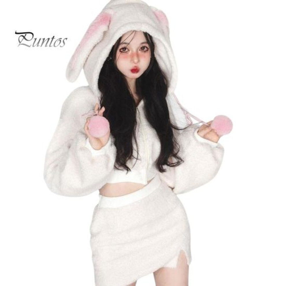 (white, XL) 2 Pcs/Set Women Hoodie Skirt Suit Thick Plush Bunny Ear Decor Short Top High Waist Slim Fit Mini Skirt Set Cosplay Party Outfit for Home Shopping