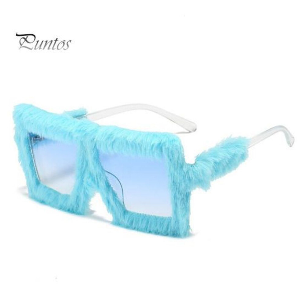 (blue) Women Sunglasses Fluffy Plush Trim Oblong Pc Frame Anti-uv Sunscreen Eyewear For Club Parties Photography