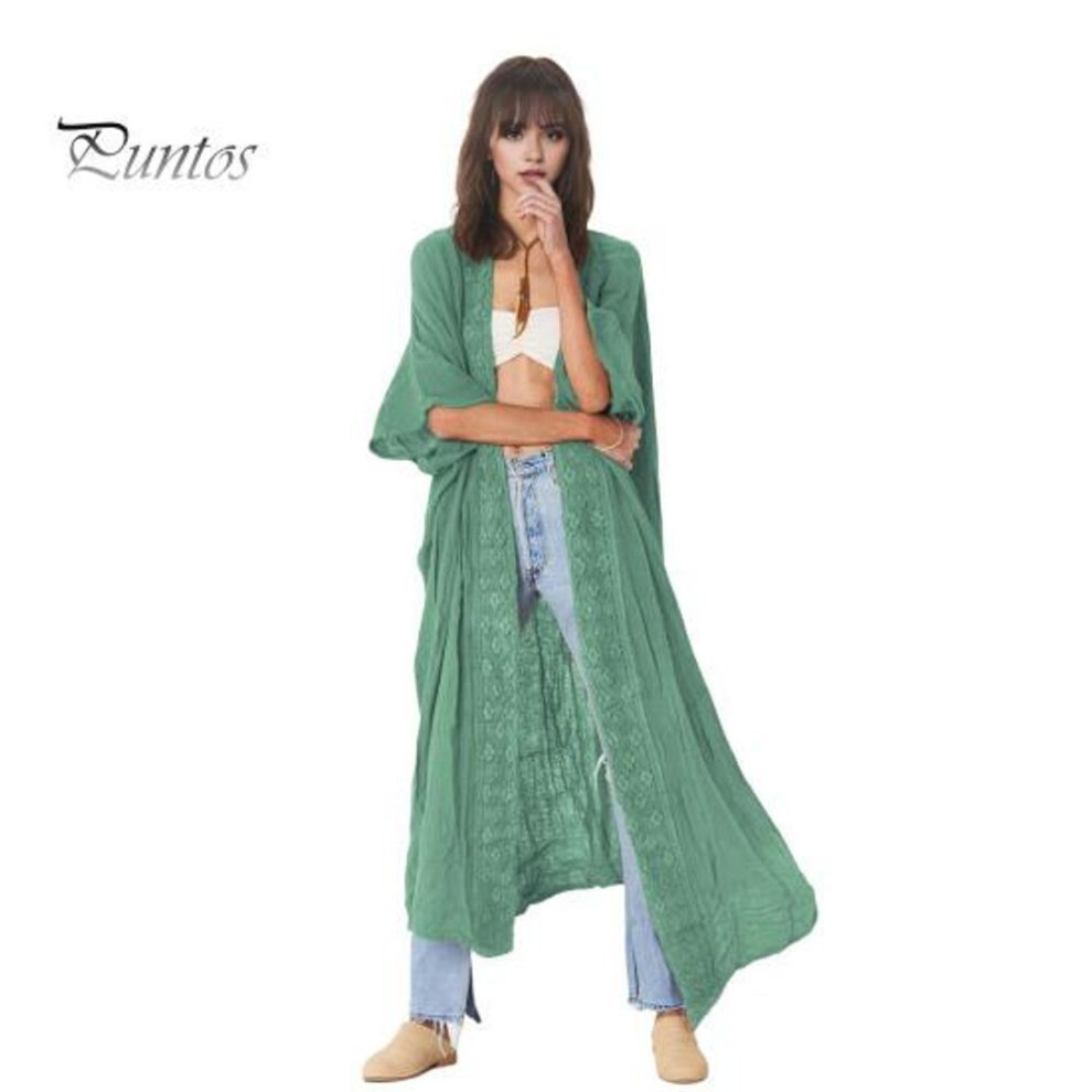 (green) Lady Beach Cardigan Sunscreen Anti-uv Long Sleeves Lace Bohemian Style Bikini Cover-up Thin Calf Length Vacation Daily Leisure Style Coat