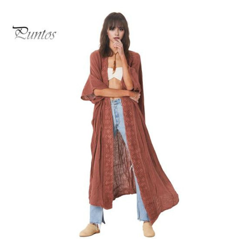 (red) Lady Beach Cardigan Sunscreen Anti-UV Long Sleeves Lace Bohemian Style Bikini Cover-up Thin Calf Length Vacation Daily Leisure Style Coat