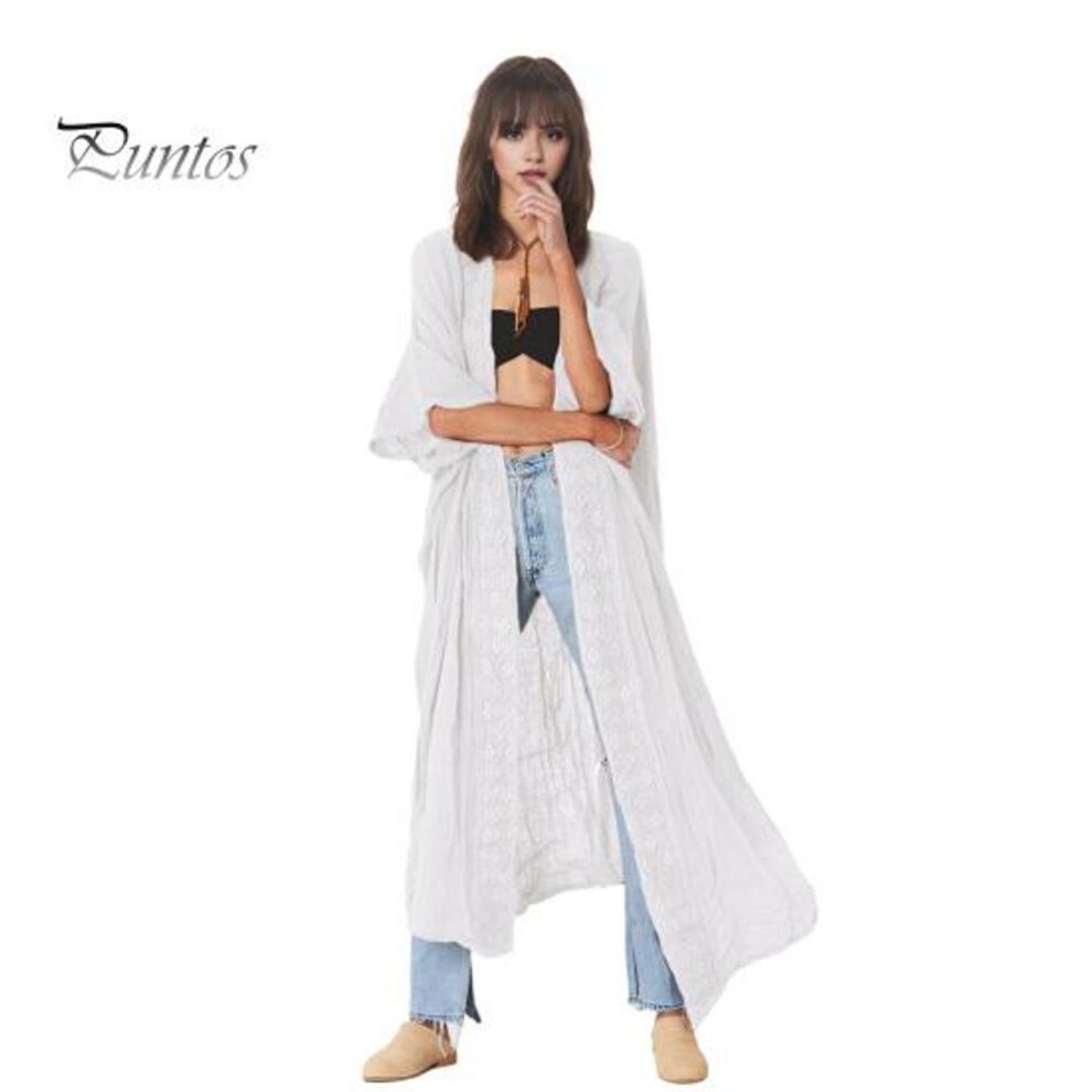 (white) Lady Beach Cardigan Sunscreen Anti-UV Long Sleeves Lace Bohemian Style Bikini Cover-up Thin Calf Length Vacation Daily Leisure Style Coat