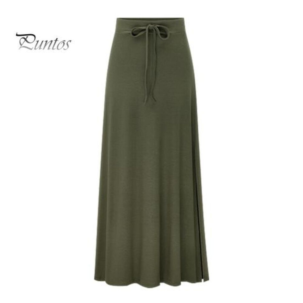 (4XL, army green) Maxi Skirt Elastic High Waist Adjustable Drawstring Long Skirt Solid Color Side Split Design A-line Stretchy Skirt