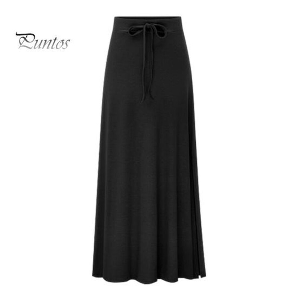 (4XL, black) Maxi Skirt Elastic High Waist Adjustable Drawstring Long Skirt Solid Color Side Split Design A-line Stretchy Skirt
