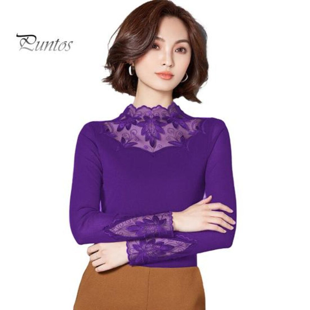 (XL, purple) Women Bottoming Tops Half High Collar Embroidery Leaf Pattern Long Sleeve Tops Commuter Style Blouse