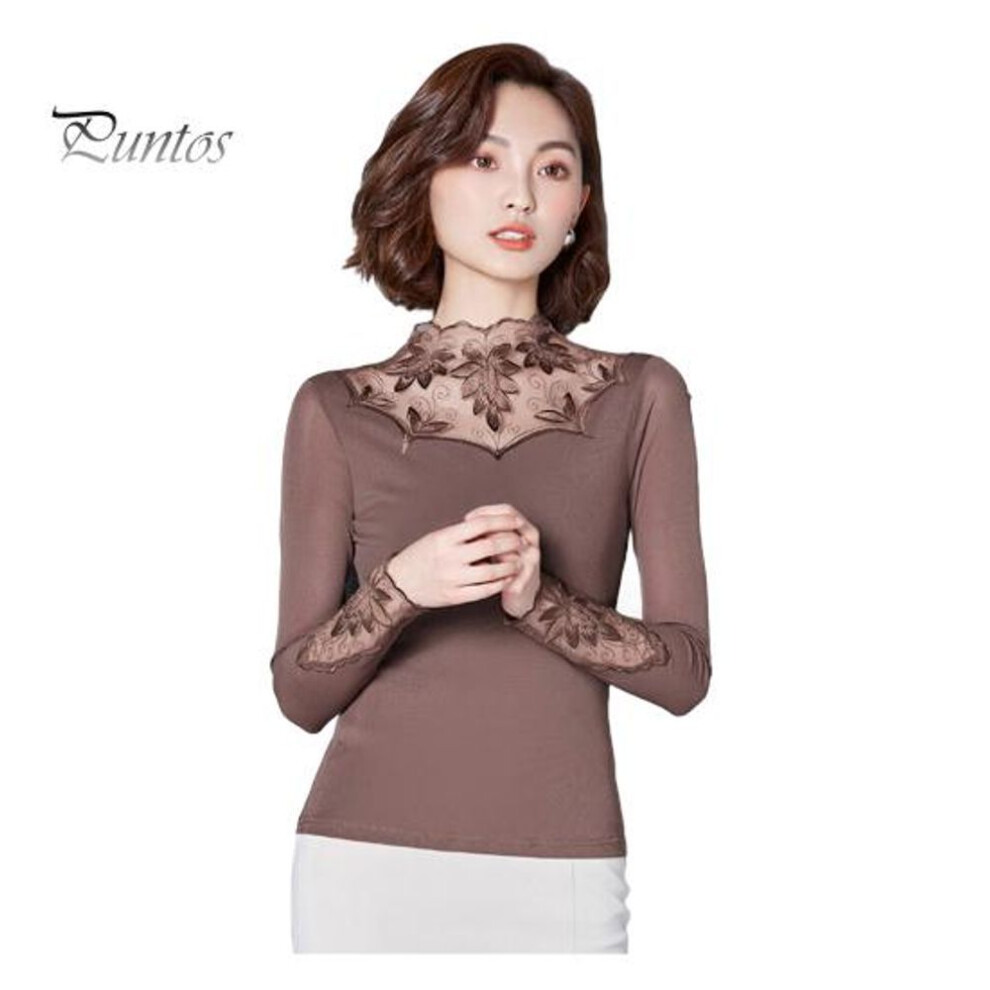 (M, coffee) Women Bottoming Tops Half High Collar Embroidery Leaf Pattern Long Sleeve Tops Commuter Style Blouse