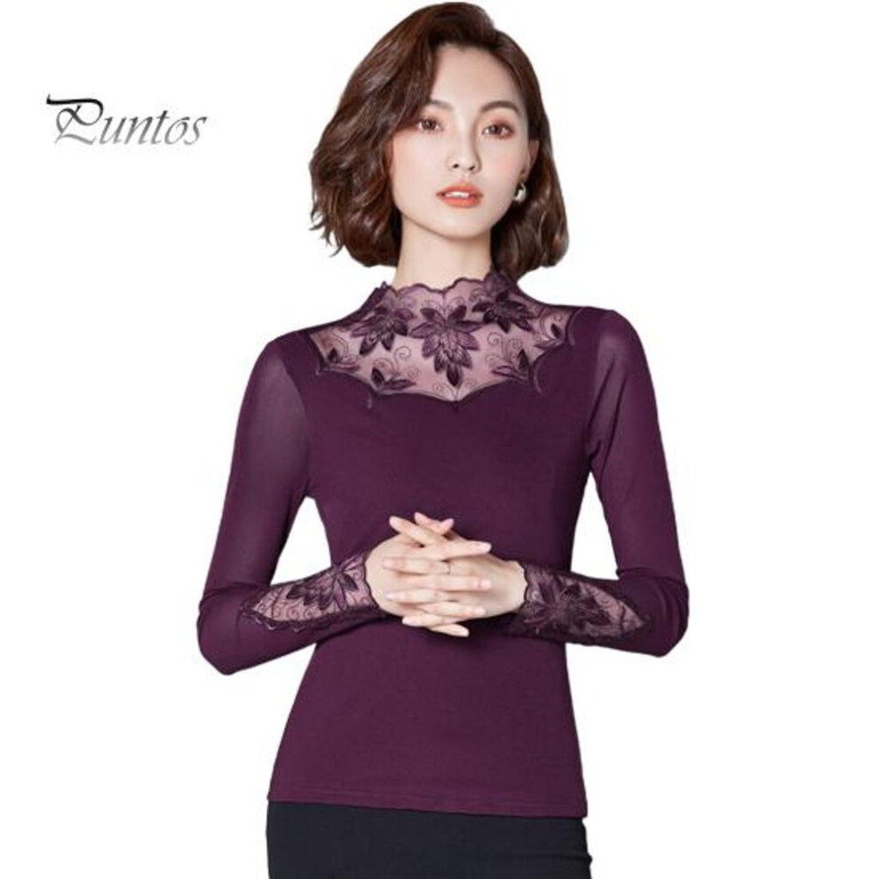 (XXXL, wine red) Women Bottoming Tops Half High Collar Embroidery Leaf Pattern Long Sleeve Tops Commuter Style Blouse