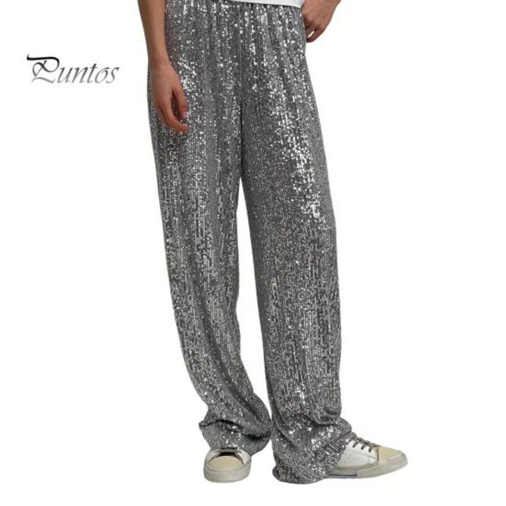 (grey, M) Women Casual Pants Elastic Waist Mid-rise Straight Wide Leg Long Trousers Shiny Sequins Commuter Style Pants