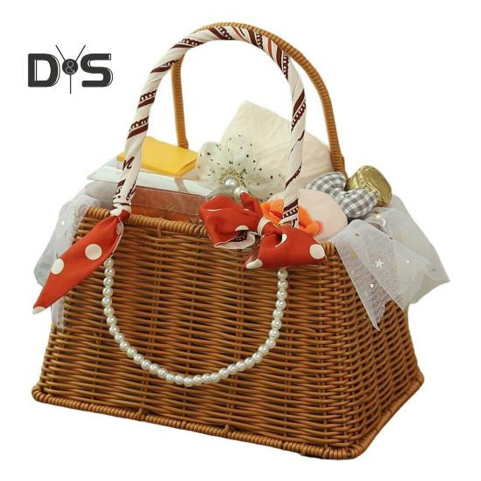 (as the picture, A) Handmade Open Gift Basket Faux Rattan Woven Basket Party Favor Basket With Handle Storage Basket For Wedding Bridesmaid Souvenirs