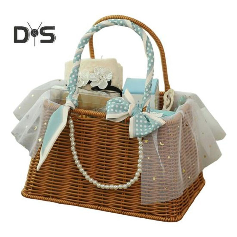 (as the picture, D) Handmade Open Gift Basket Faux Rattan Woven Basket Party Favor Basket With Handle Storage Basket For Wedding Bridesmaid Souvenirs