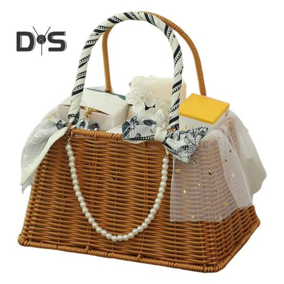 (as the picture, E) Handmade Open Gift Basket Faux Rattan Woven Basket Party Favor Basket with Handle Storage Basket for Wedding Bridesmaid Souvenirs