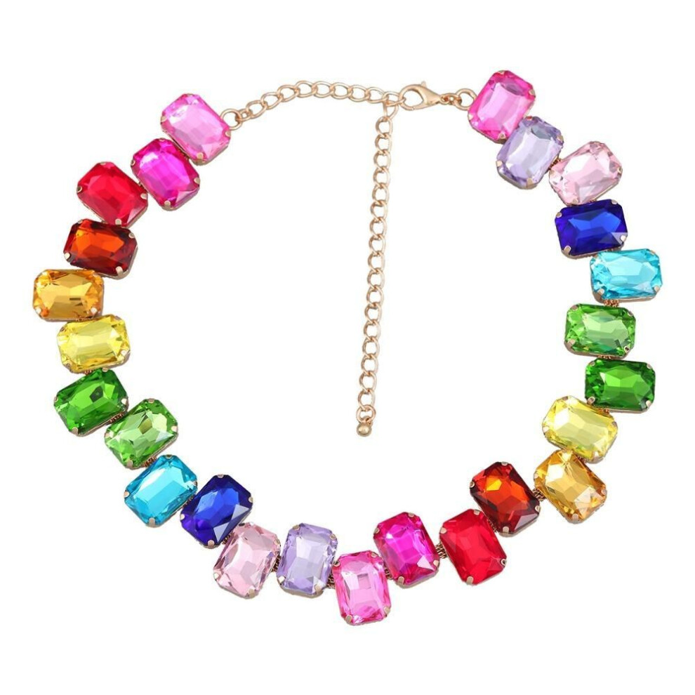 (Style B) Trendy Square Crystal Necklace Colored Choker Shining Rhinestone Necklace  Girl