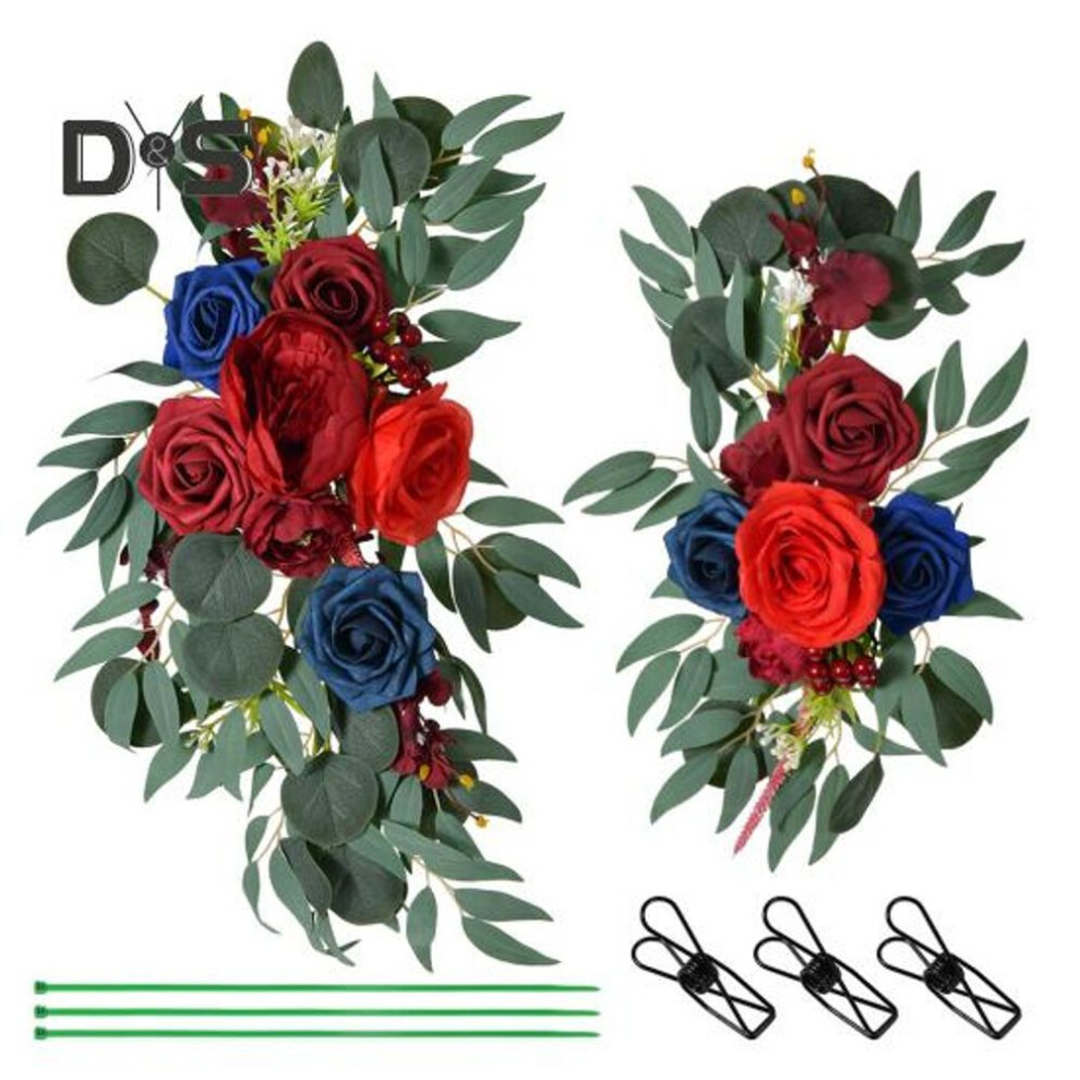 (dark red) 2 Pcs Wedding Artificial Flowers Faux Flowers Swags Boho Rose Eucalyptus Garland Drapes for Wedding Arch Welcome Sign Decoration