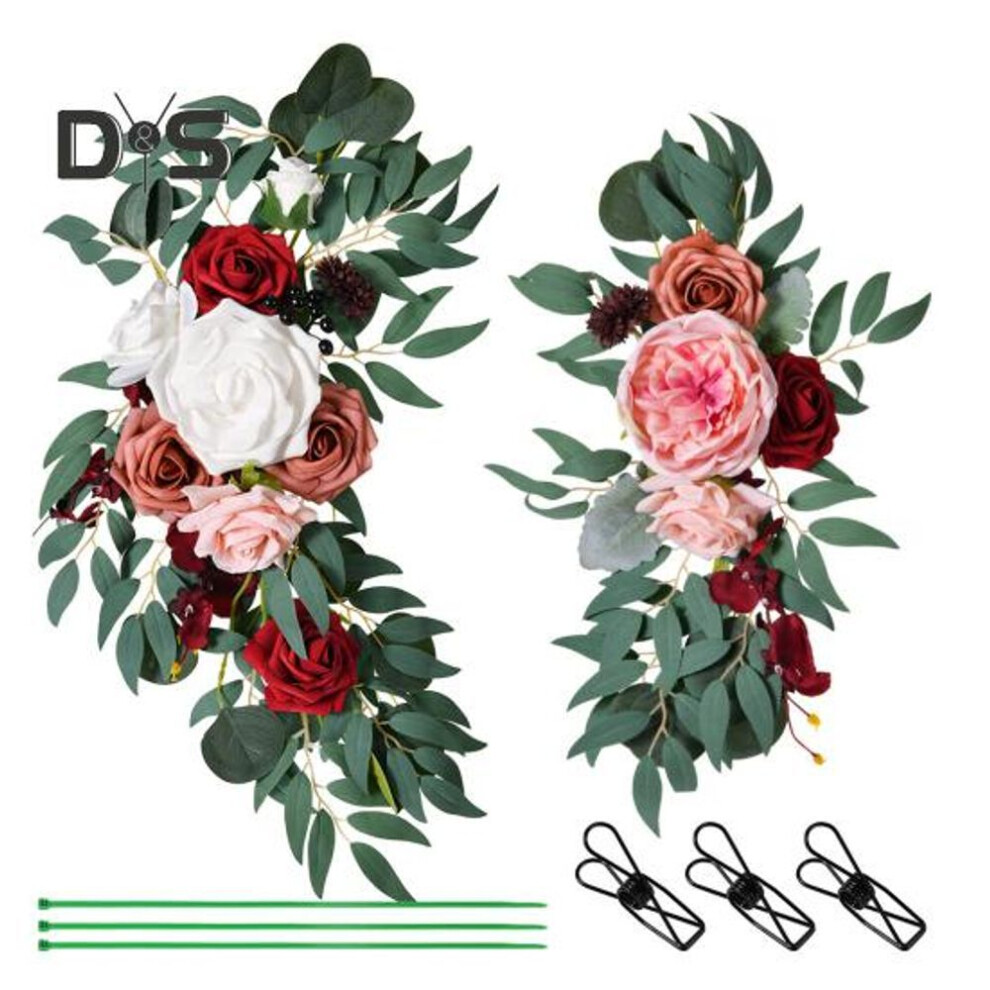 (pink,red) 2 Pcs Wedding Artificial Flowers Faux Flowers Swags Boho Rose Eucalyptus Garland Drapes for Wedding Arch Welcome Sign Decoration