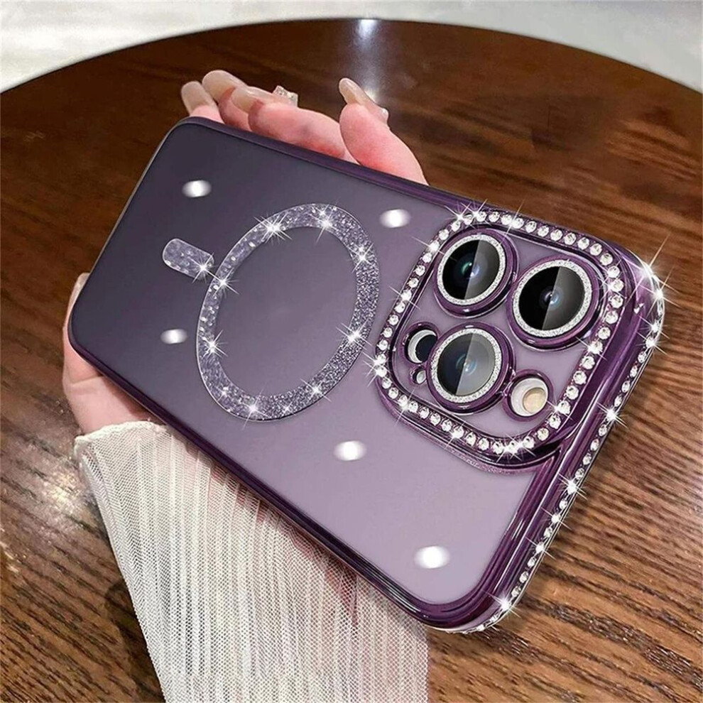 (purple, iPhone 15 Pro) Bling Glitter Rhinestone Magnetic Wireless Charge Case For Iphone 16 15 14 13 12 11 Pro Max Plus Shockproof Jewelled Cover