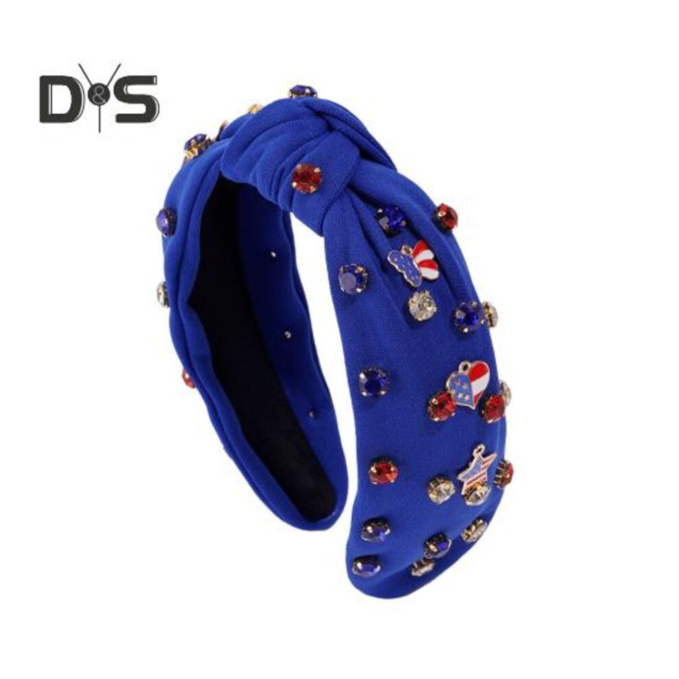 (blue) Women 4th of July Headband Red White Blue Knot Beaded Hair Hoop with American Flag Independence Day Accessories