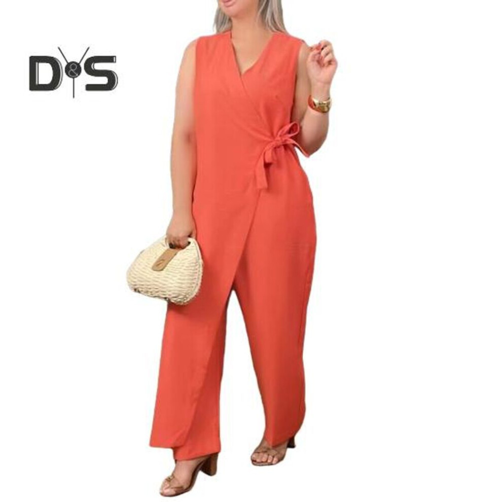 (L, red) Women Jumpsuit V Neck Sleeveless Lace-up Slim Waist Wide Leg Asymmetric Design Solid Color Formal Business One-piece Outfit