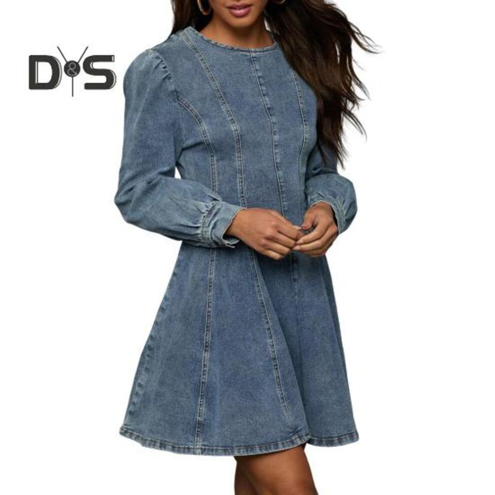 (blue, XL) Women's Denim Dress Long Sleeve Bodycon Mini Jean Dress Casual Ruffle Hem Dress for Daily Vacation Work
