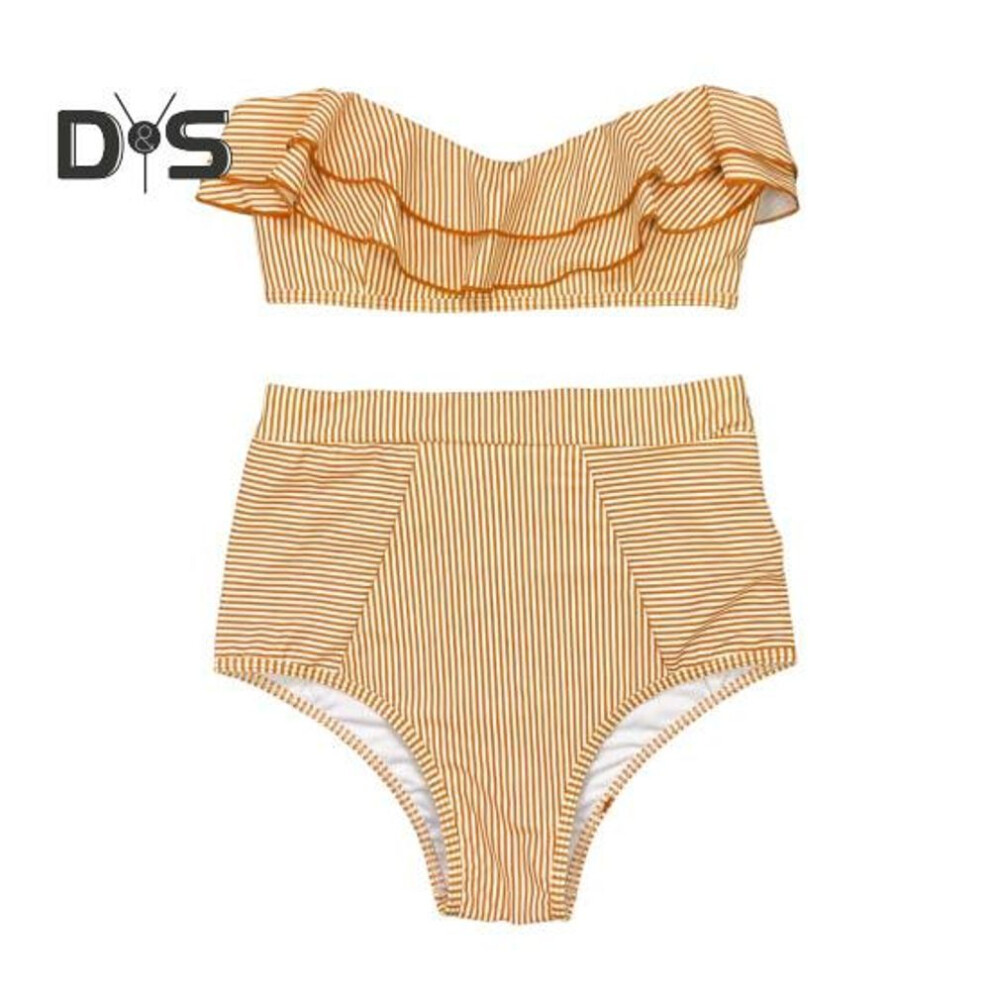 (L, yellow) 2 Pcs/Set Beach Bikini Set Ruffle Striped Patchwork Tankini High Waist Split Beachwear Elastic Quick-drying Bathing Suit