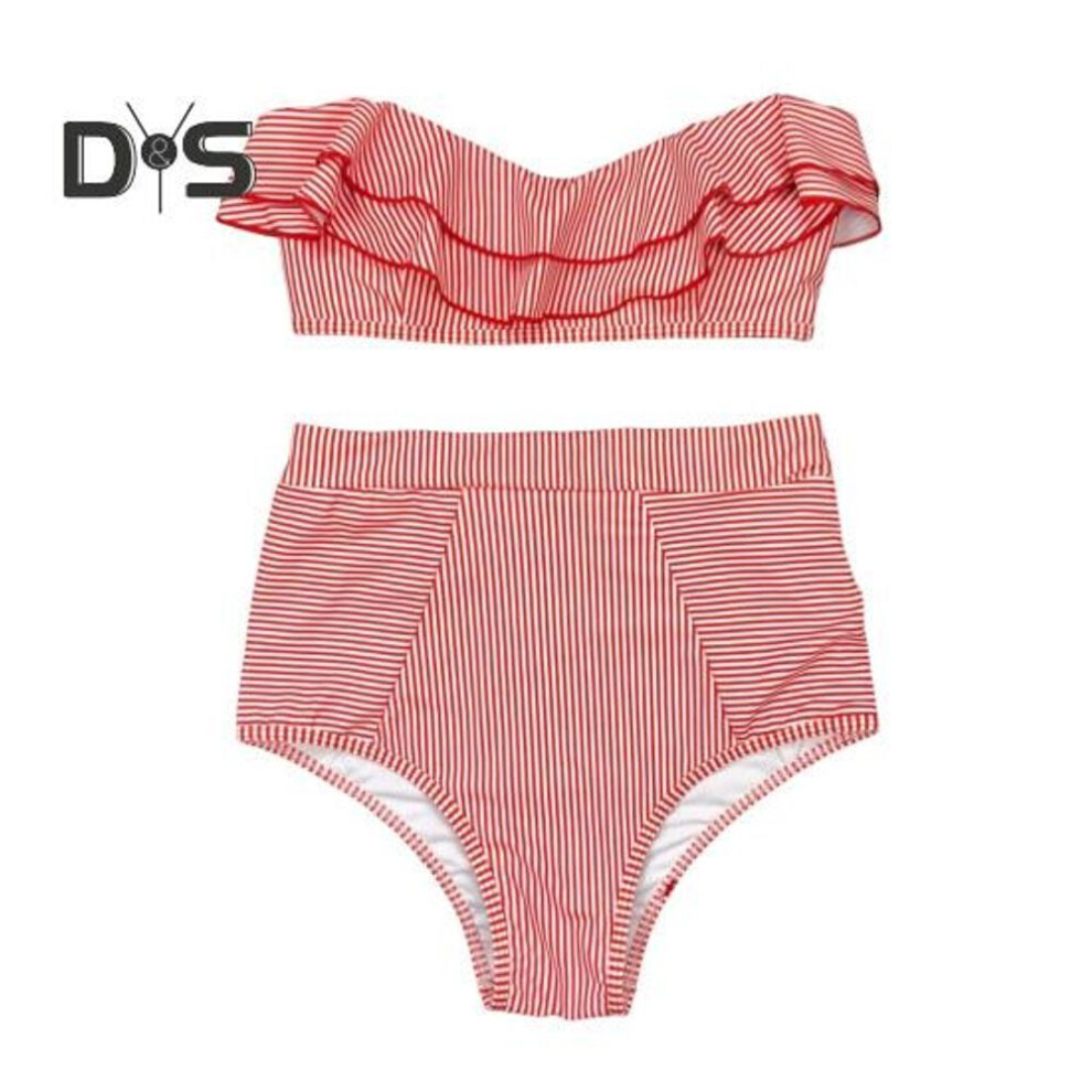 (S, red) 2 Pcs/Set Beach Bikini Set Ruffle Striped Patchwork Tankini High Waist Split Beachwear Elastic Quick-drying Bathing Suit