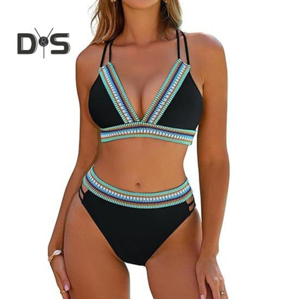 (M, black) Women High Waisted Bikini Set Color Block Two Piece Swimsuit V Neck Crisscross Back Top Briefs Swimwear for Beach Vacation Pool