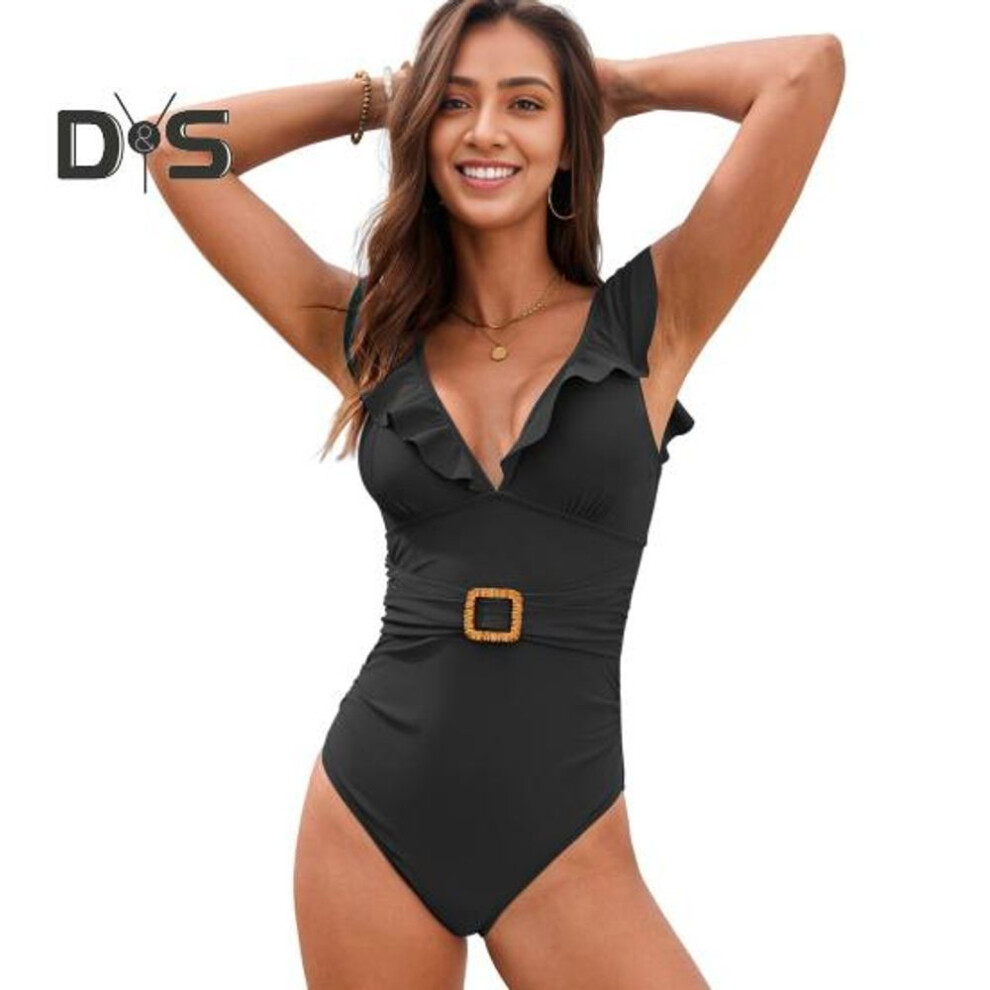 (XL, black) Women Flounce Bikini Sexy One-Piece Swimsuit Deep V-Neck Slim Fit High Cut Swimwear for Ladies Beach Pool Surfing