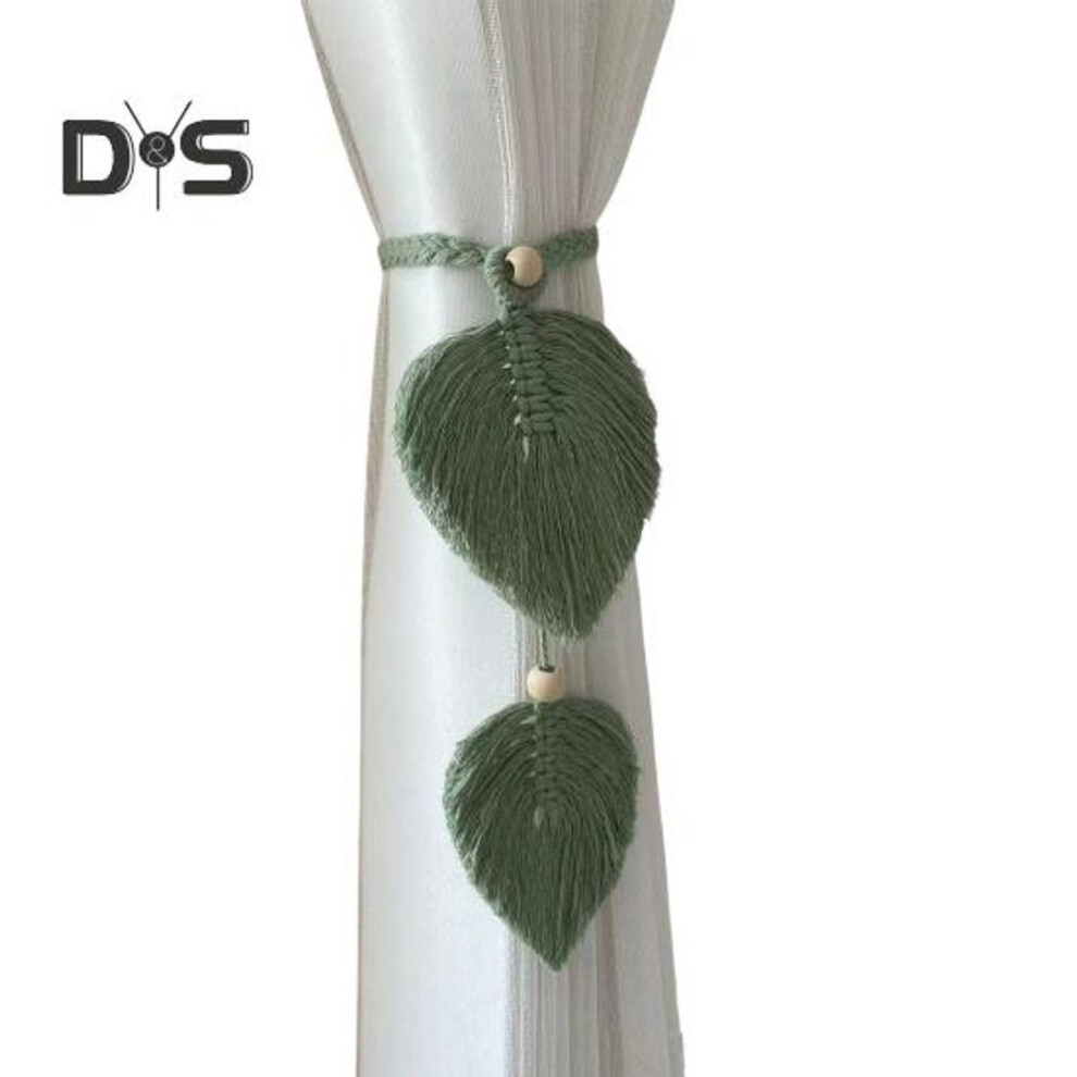 (green) Boho Style Curtain Tiebacks Hand Knitting Cotton Linen Holdbacks With Adjustable Wooden Bead Double Leaves