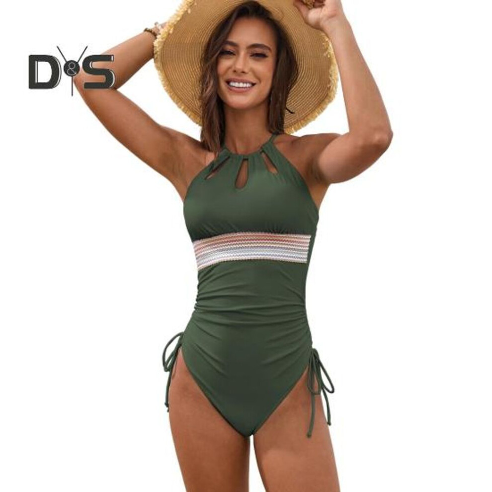 (S, army green) Beach Monokini Hollow Out Patchwork Contrast Color Halter Neck Swimsuit Drawstring Skinny Bathing Suit Quick-drying Poolside Surfing Swimwear