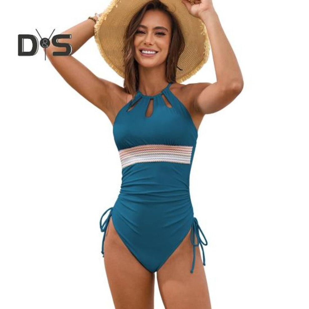 (L, dark green) Beach Monokini Hollow Out Patchwork Contrast Color Halter Neck Swimsuit Drawstring Skinny Bathing Suit Quick-drying Poolside Surfing Swimwear