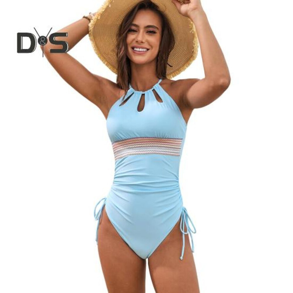 (S, sky blue) Beach Monokini Hollow Out Patchwork Contrast Color Halter Neck Swimsuit Drawstring Skinny Bathing Suit Quick-drying Poolside Surfing Swimwear