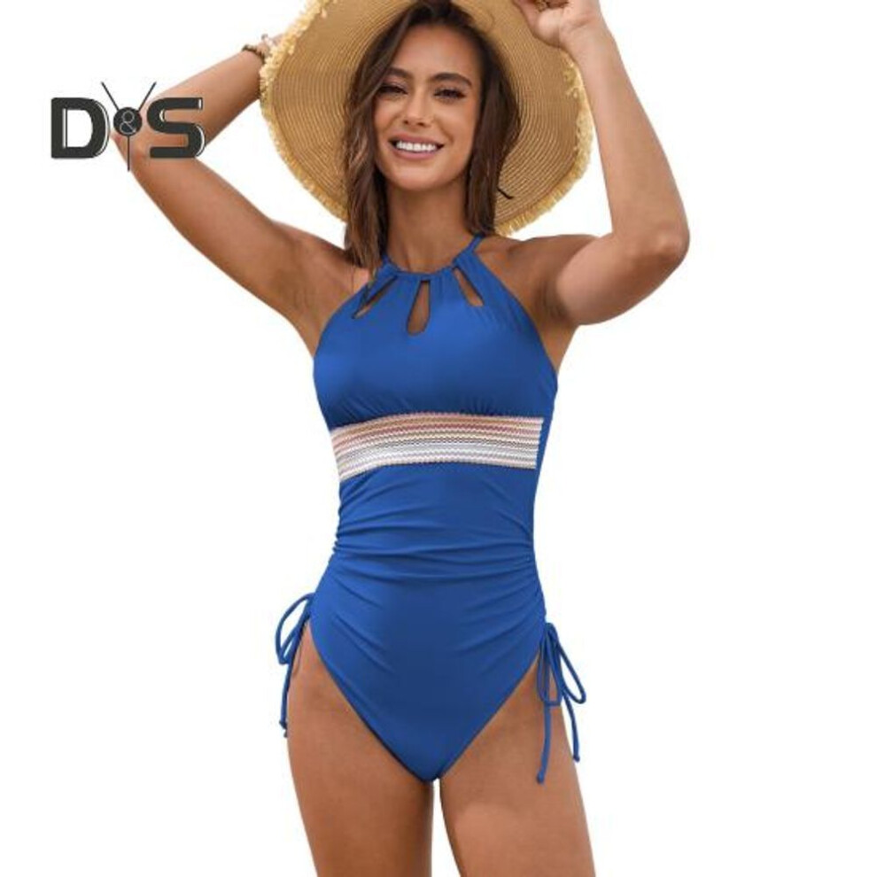 (S, royal blue) Beach Monokini Hollow Out Patchwork Contrast Color Halter Neck Swimsuit Drawstring Skinny Bathing Suit Quick-drying Poolside Surfing Swimwear