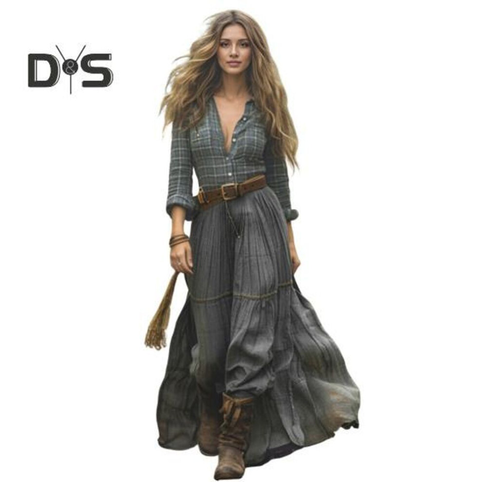 (green, XXL) Women's Plaid Maxi Dress Long Sleeve Button-down Shirt Long Dress Casual V-neck A-line Dress For Spring Summer