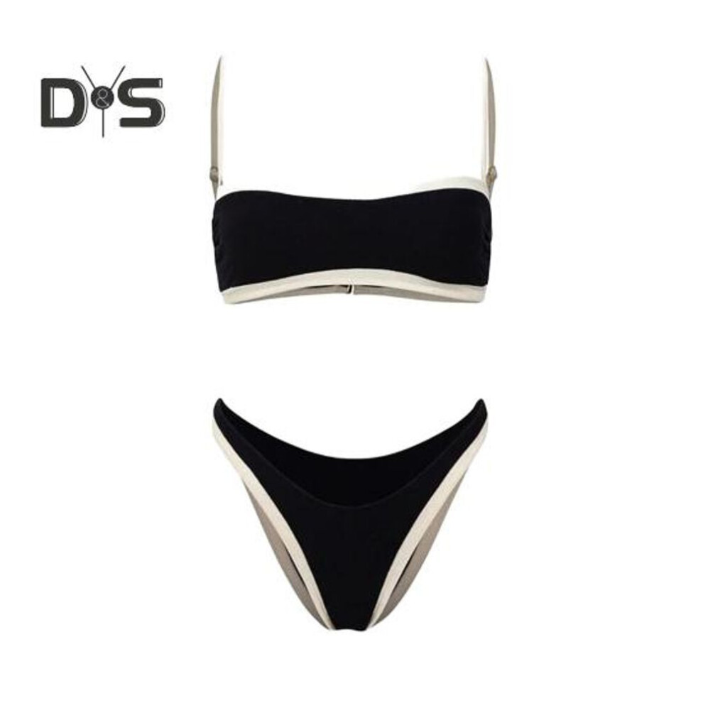 (L, black) 2pcs/set Women Bikini Set Sling Bandeau Padded Bra High Waist Briefs Set Split Design Beach Vacation Wear