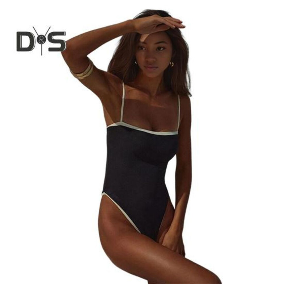 (M, black) Women One Piece Bikini Vintage High Cut Swimsuit Bandeau Beachwear with Breast Pads Feminine Swimwear for Beach Vacations Surfing Pool Swimming