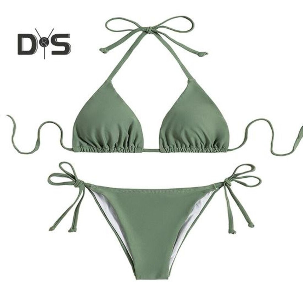 (S, green) Women's Sexy Bikini Set Halter String Tie Side Two Piece Swimsuit Mini Triangle Bathing Suit for Beach Vacation Party