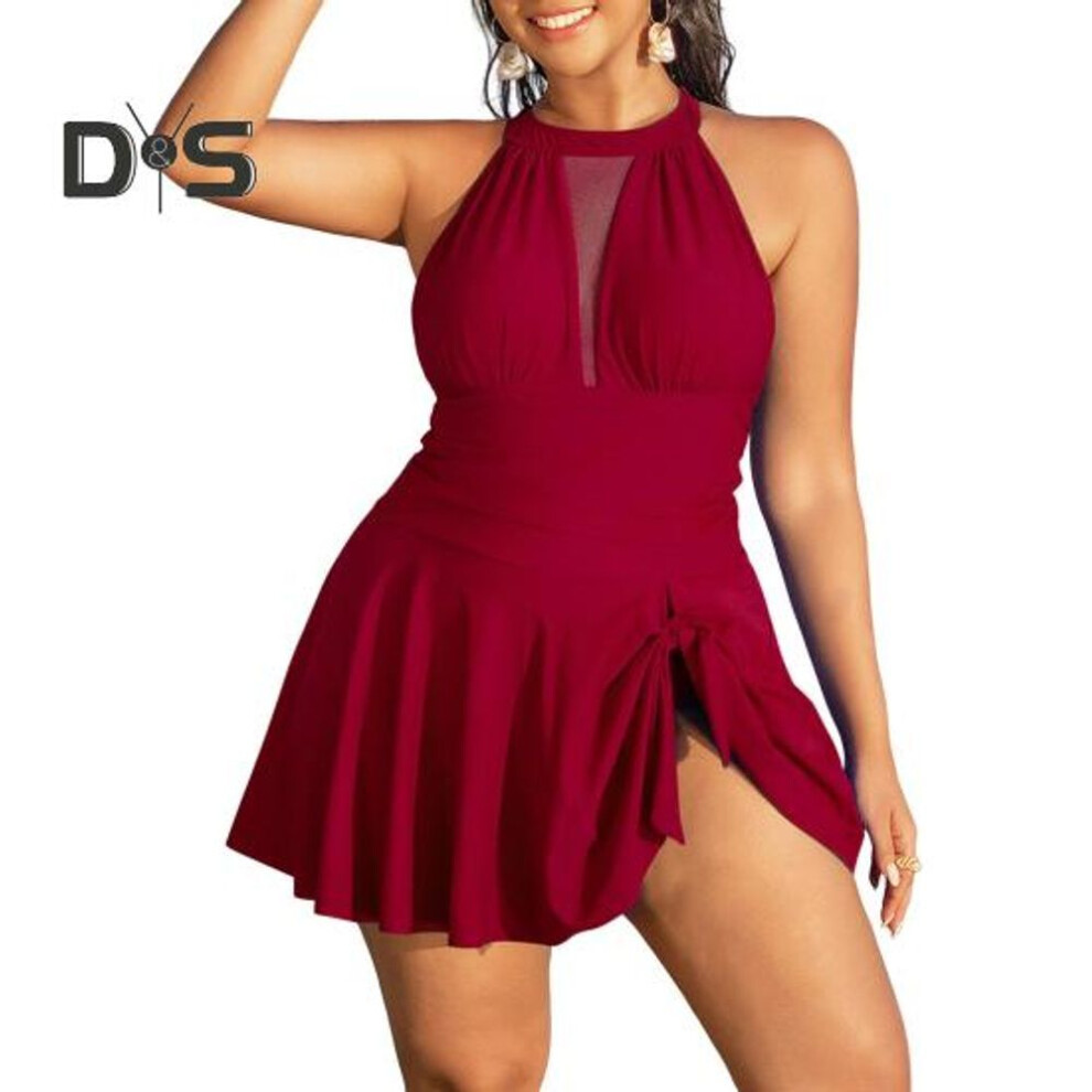 (XL, wine red) Women One Piece Swimsuit Plus Size Tummy Control Swim Dress Bikini Skirt Swimwear for Ladies Beach Vacation Pool Party