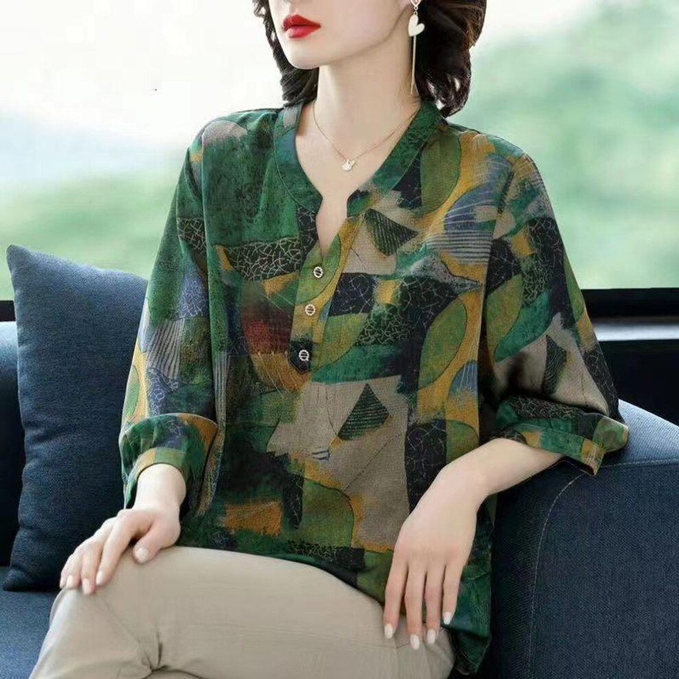 (XXL, green) Summer Ethnic Style Vintage Printed Elegant Pullover Shirt Ladies Loose Casual 3/4 Sleeve Oversized All-match Blouse Women's Top
