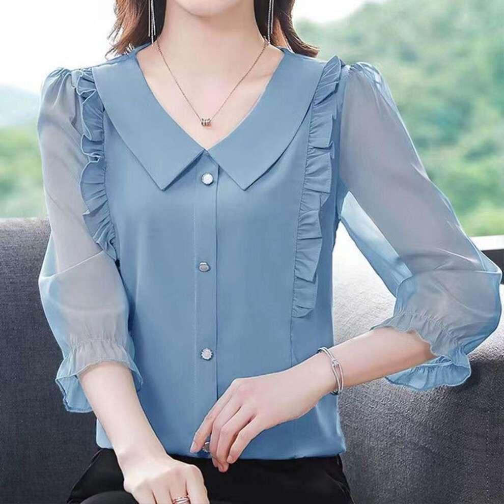 (M, blue) Summer Women's Clothing Elegant Blouses Korean Fashion Solid Color Casual Long Sleeve Shirts Loose All-match Tops